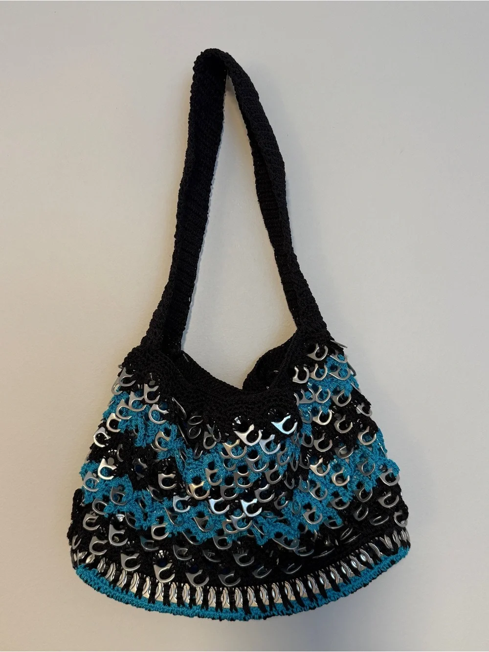 Upcycled Black & Blue Soda Pop Tab y2k Crochet Shoulder Bag Purse Handmade 90s